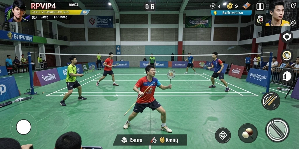 Tampilan antarmuka permainan badminton yang menarik dan interaktif.